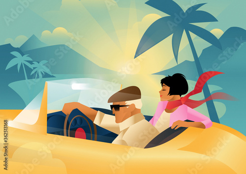 Man and a woman ride in a recto car to the sea or ocean. Vacation Travel © Yevhen