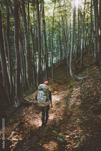 Woman with backpack hiking in beech forest adventure healthy lifestyle outdoor summer active weekend eco tourism trail