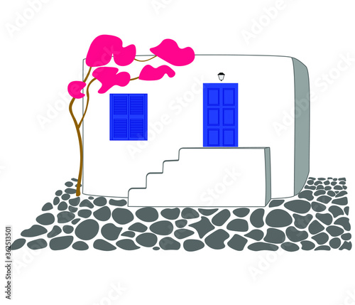 Traditional Greek house. White and blue colours of Santorini