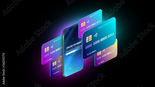 Smartphone payment technology. Isometric mobile phone and internet banking.