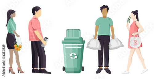 Set of people using eco friendly reusable bags and trash can. Colorful clothes