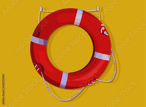 Red lifebuoy ring hanging on yellow wall. Life saving