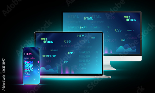 Web development, coding and programming responsive layout internet site or app of devices. Creation digital Software for mobile platforms. Computer code on phone. Concept banner.
