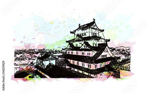 Building view with landmark of Himeji Castle is a hilltop Japanese castle complex situated in the city of Himeji. Watercolor splash with Hand drawn sketch illustration in vector.

