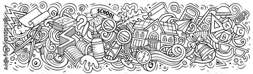 Cartoon cute doodles School banner design. Colorful illustration