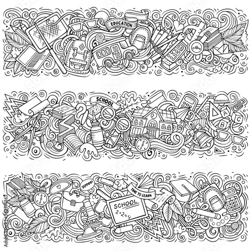 Cartoon cute colorful vector hand drawn doodles School horizontal compositions