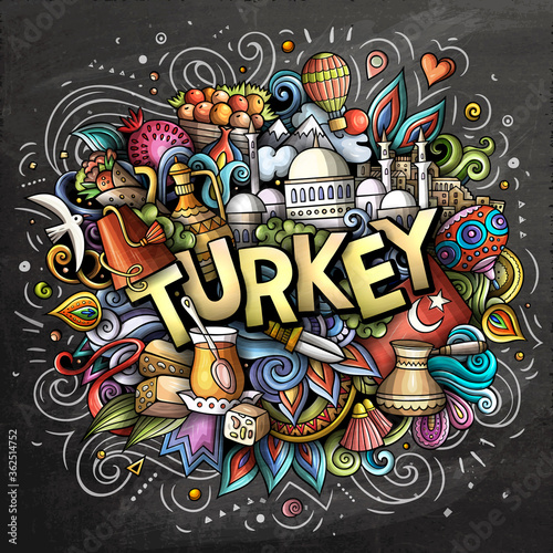 Turkey hand drawn cartoon doodles illustration. Funny travel design.