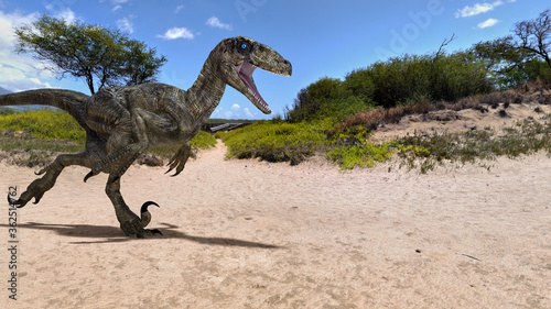 velociraptor dinosaur walking on the beach © aitorserra
