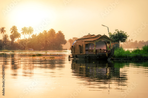 A well decorated houseboat parked at sides of backwater canal at photo