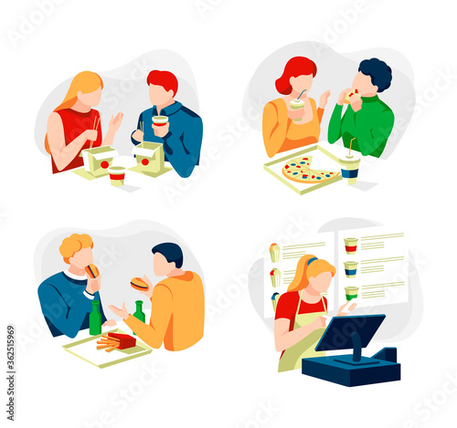 Collection of people sitting and eating different delicious meals. Set of men and women tries tasty food at restaurant or cafe. Cartoon characters eats pizza,burger or noodles.Flat vector illustration