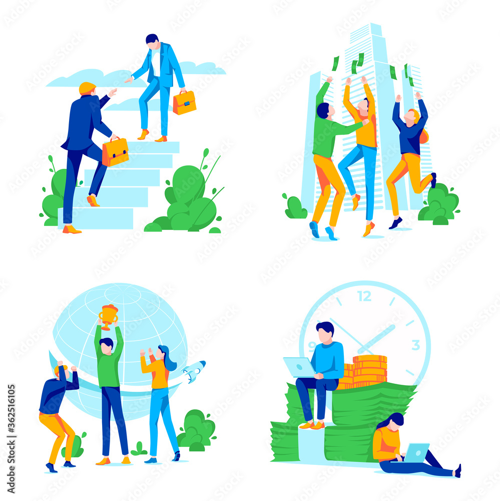 Office team success motivation and ambition Set. Successful business people climbing corporate ladder, achieving success, celebrating victory. Financial profit, career growth. Flat vector illustration