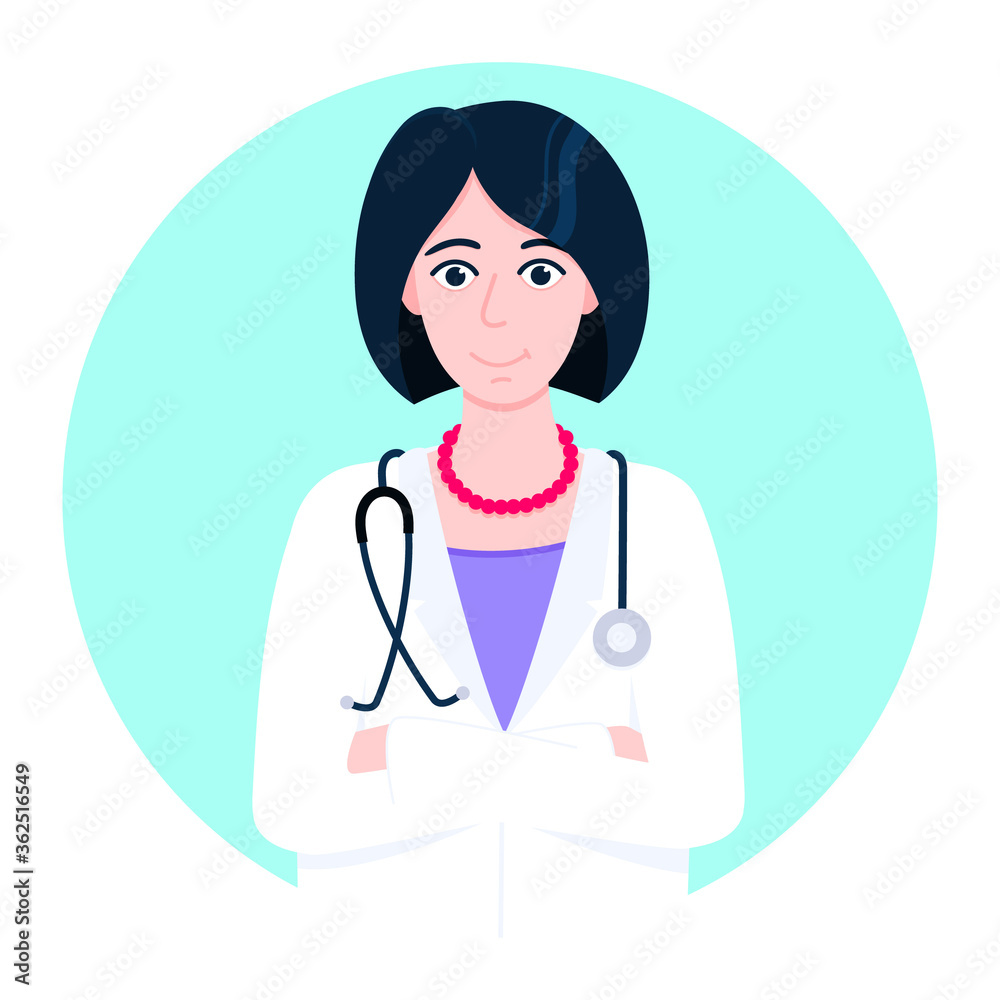 Doctor avatar character standing in the circle flat style design vector illustration isolated on white background. Medical clinic hospital staff employee icon. Doctor avatar character standing in the circle flat style design vector illustration isolated on white background. Medical clinic hospital staff employee icon.