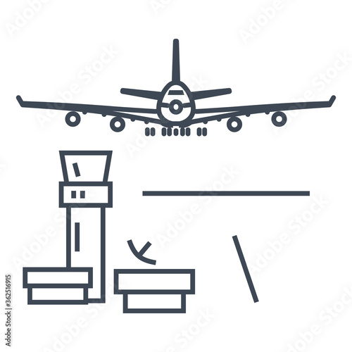 Thin line icon airport control tower, airplane is taking off