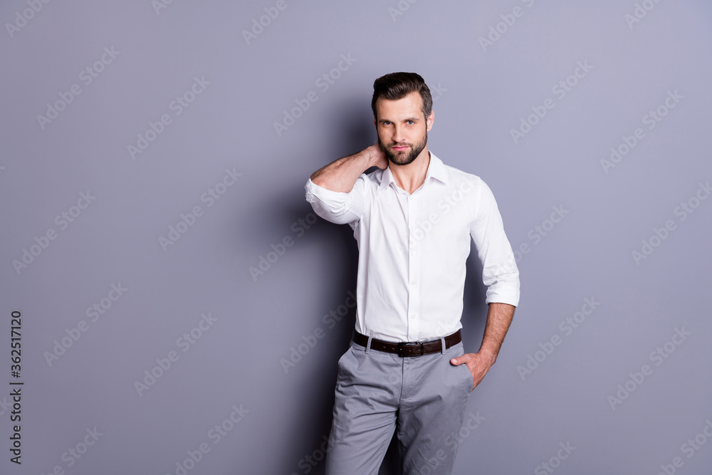 Portrait of charming attractive marketer ceo man touch neck enjoy working day wear good look clothes isolated over gray color background Portrait of charming attractive marketer ceo man touch neck enjoy working day wear good look clothes isolated over gray color background