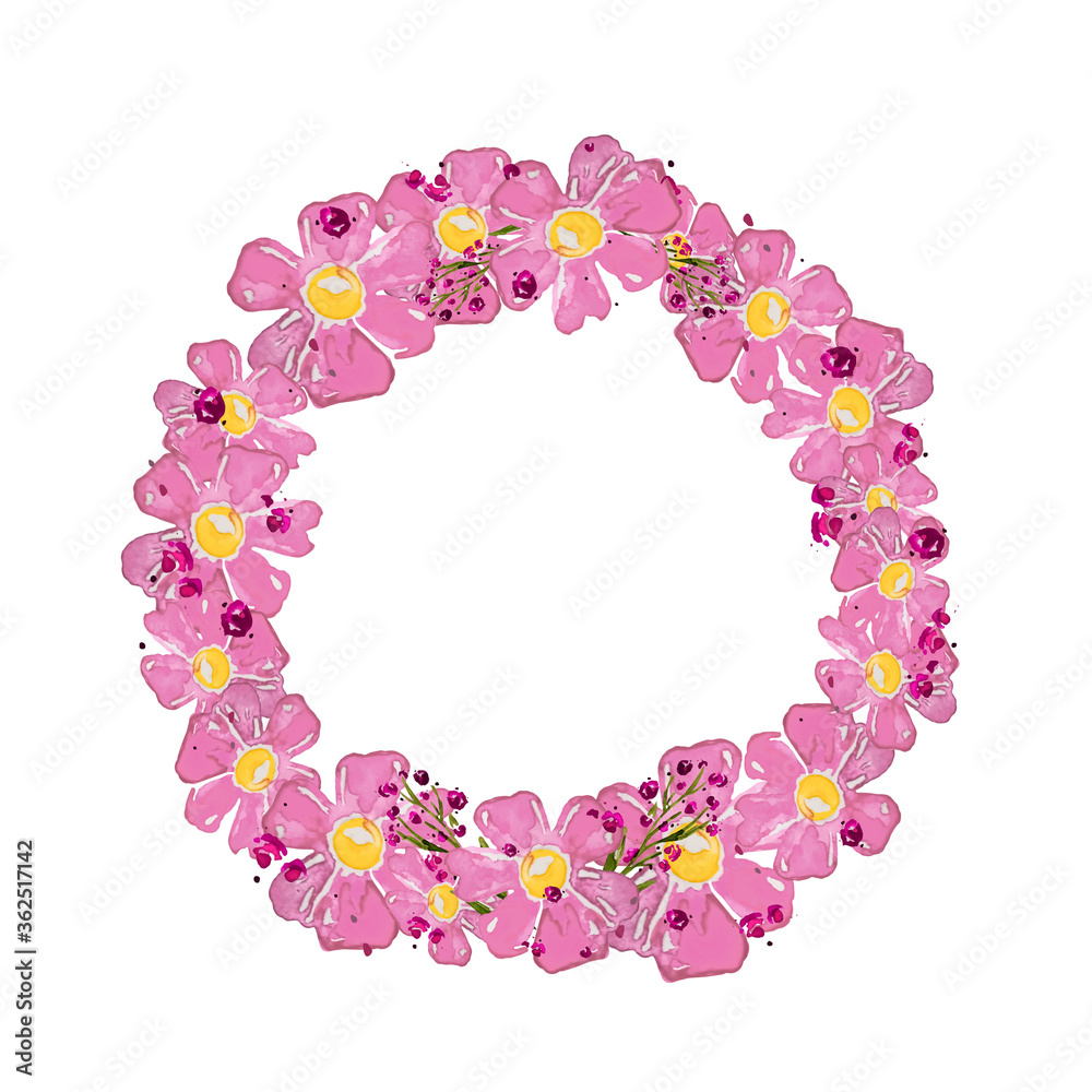Round frame made of flowers. Wreath with flowers for a greeting card on white background. 