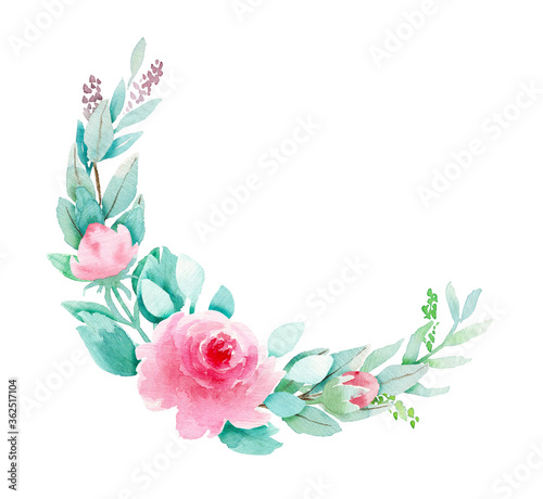 Fototapeta Naklejka Na Ścianę i Meble -  Pink and Mint wreath with eucalyptus, spring leaves and gentle roses. Botanical Watercolor illustration. Floral Design elements. Perfect for wedding invitations, greeting cards, prints, posters