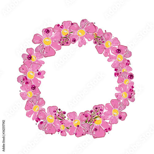 Round frame made of flowers. Wreath with flowers for a greeting card on white background. 
