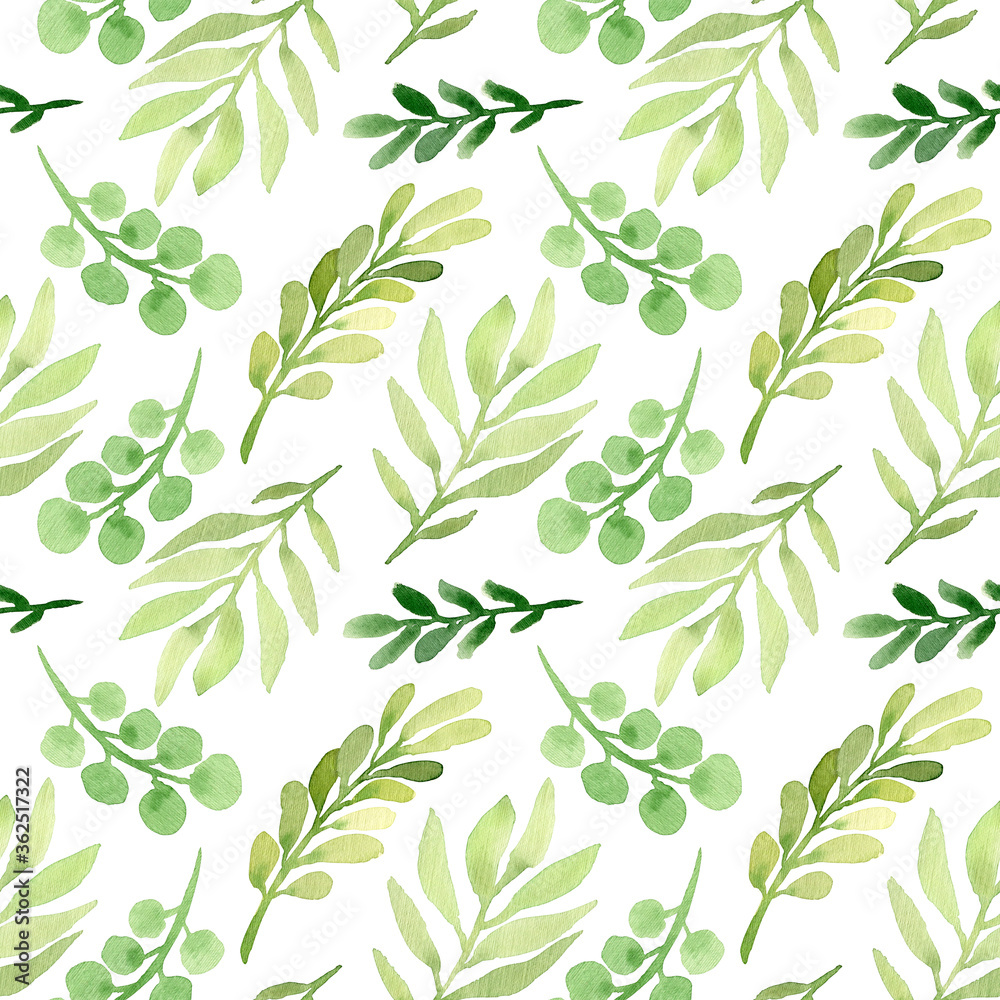 Spring watercolor seamless pattern. Botanical background with eucalyptus, branches and leaves. Greenery illustration. Floral Design. Perfect for invitations, wrapping paper, textile, fabric, packing