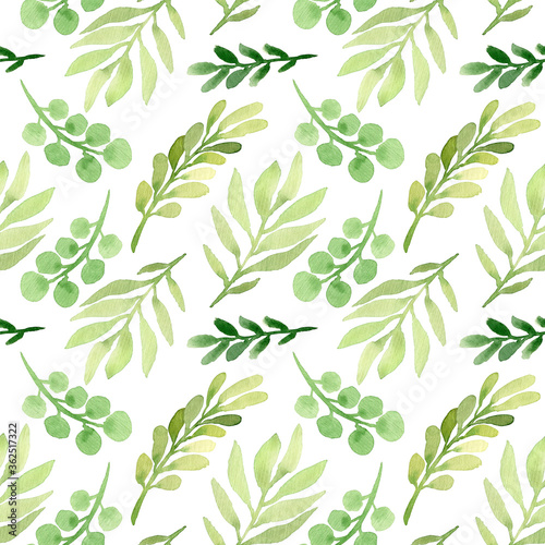 Spring watercolor seamless pattern. Botanical background with eucalyptus  branches and leaves. Greenery illustration. Floral Design. Perfect for invitations  wrapping paper  textile  fabric  packing
