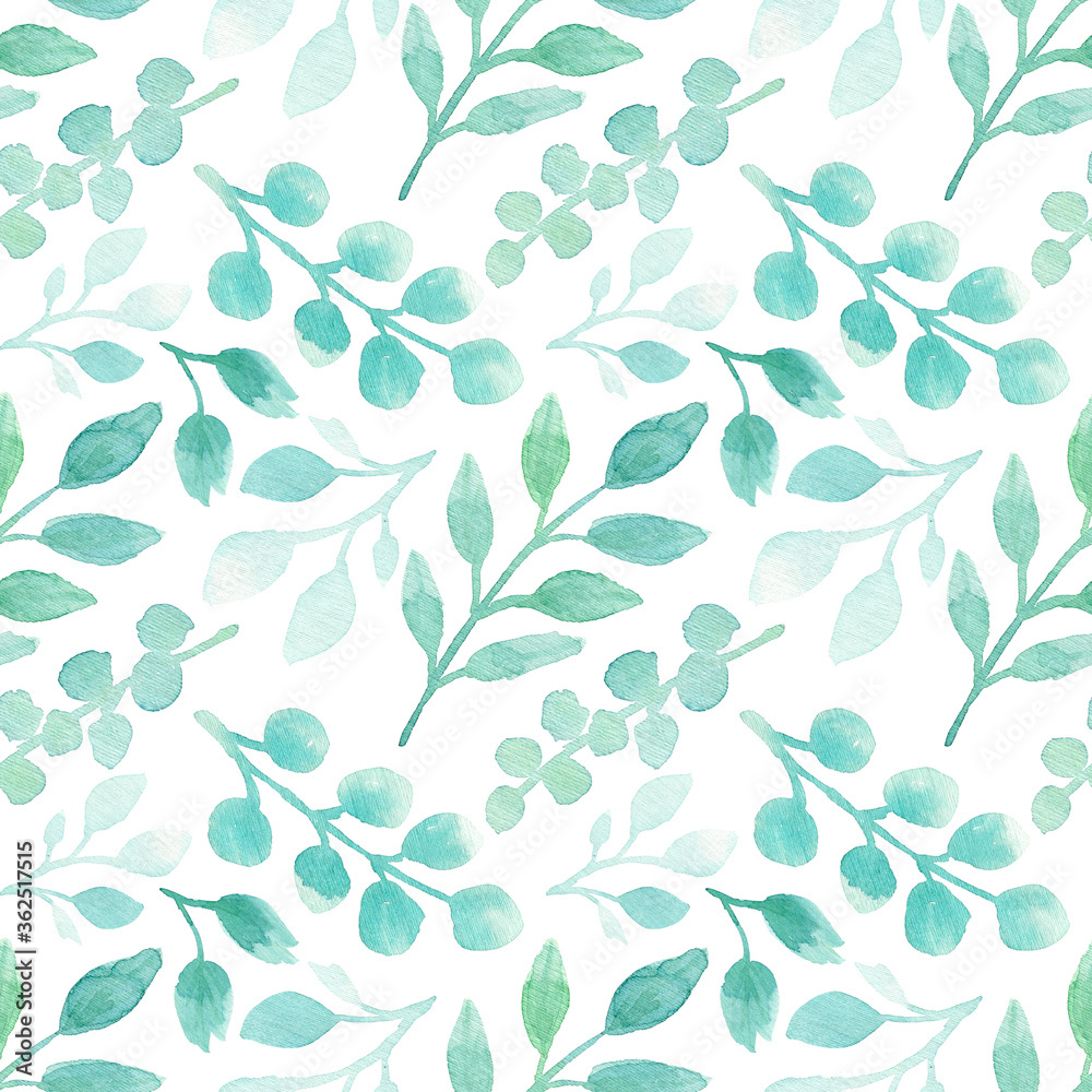 Spring watercolor seamless pattern. Botanical background with eucalyptus, branches and leaves. Greenery illustration. Floral Design. Perfect for invitations, wrapping paper, textile, fabric, packing