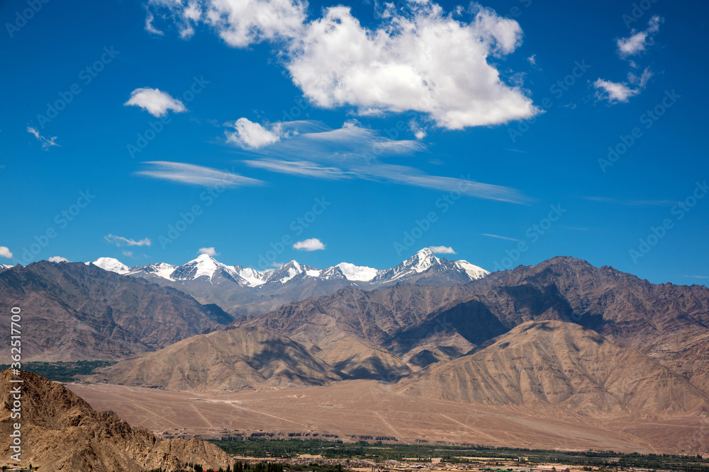 Landscape panorama caucasus mountain with autumn hills daytime, near leh, ladakh, India.