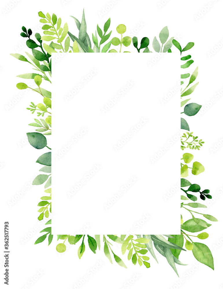 Watercolor illustration. Botanical greenery label. Green leaves and branches. Floral Design elements. Perfect for wedding invitations, greeting cards, prints, posters, packing