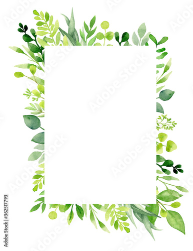Watercolor illustration. Botanical greenery label. Green leaves and branches. Floral Design elements. Perfect for wedding invitations  greeting cards  prints  posters  packing