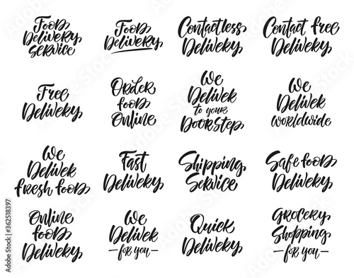 Set hand drawn phrase "Food delivery" for logictic business, online shopping, service to support of isolated at quarantine, hand drawn font quotes, prevention poster