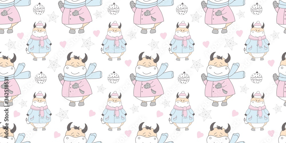 2021 symbol of the year ox. Christmas pattern. Bulls in the snow. Design for wrapping paper, fabric and clothing. Pastel delicate colors