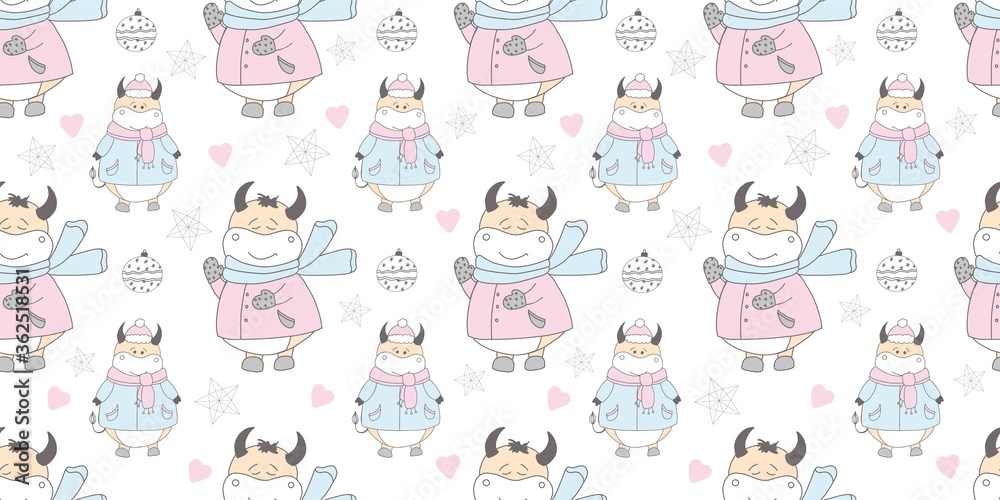 2021 symbol of the year ox. Christmas pattern. Bulls in the snow. Design for wrapping paper, fabric and clothing. Pastel delicate colors 2021 symbol of the year ox. Christmas pattern. Bulls in the snow. Design for wrapping paper, fabric and clothing. Pastel delicate colors