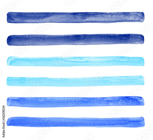 Sky, navy, dark blue watercolor stripes, long brush strokes set. Text background. Hand drawn watercolour different streaks, ribbons, bars. Water, marine graphic design elements, paint banner template 