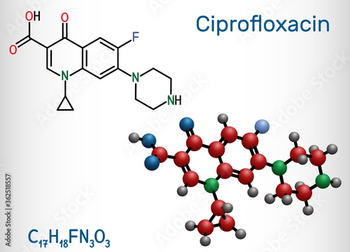 Ciprofloxacin, quinolone molecule. It is a synthetic broad spectrum fluoroquinolone antibiotic. Structural chemical formula and molecule model photo