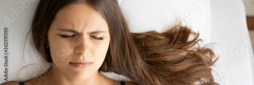Banner of sick woman sleeping with fever, headache or nightmare