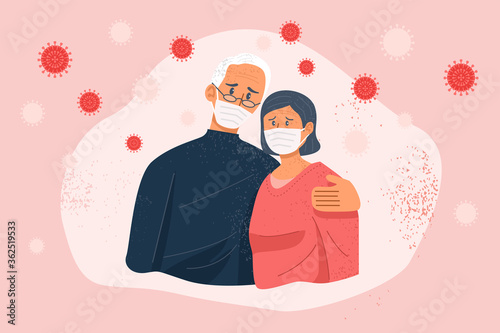 Stressed old couple wearing face masks amid coronavirus. Vector Illustration
