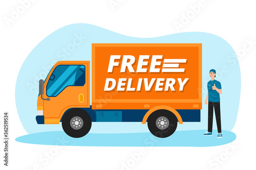 Free delivery service. Delivery man standing with his truck. Vector