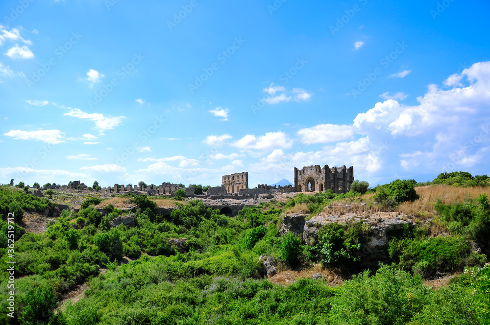 View of the basilica ruins in ancient Greco-Roman city Aspendos near Antalya, Turkey