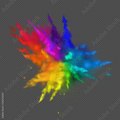 Rainbow colors paint powder and drops. Holi festival invitation. Transparent different clouds of paint powder isolated on gray background. The real effect of transparency. Vector illustration