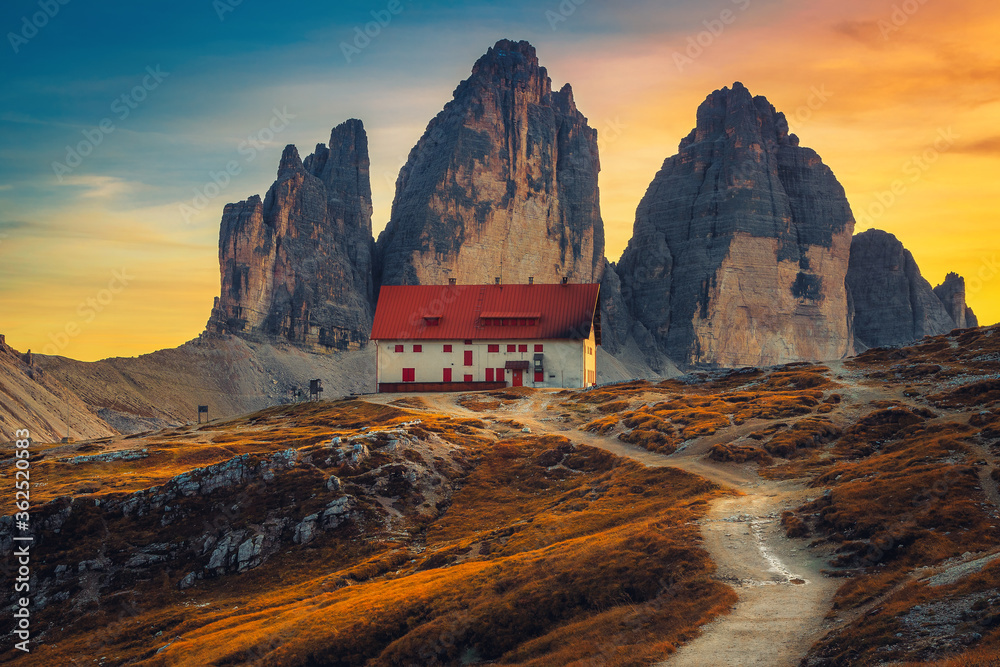Famous Tre Cime Di Lavaredo Peaks At Sunset Dolomites Italy Stock Famous Tre Cime Di Lavaredo Peaks At Sunset Dolomites Italy Stock