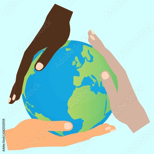 Three hands of different human races holding the globe