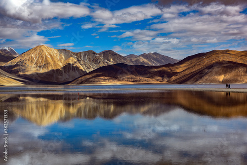 Mountains and Pangong tso  Lake . It is huge and highest lake in Ladakh.