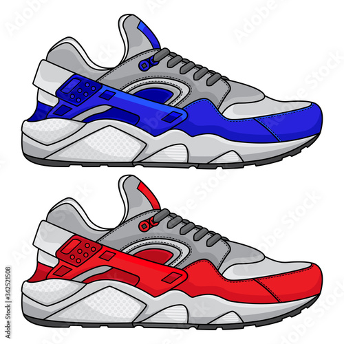 red and blue sports shoes