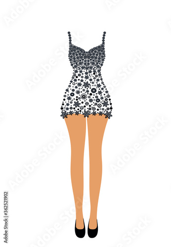 Mini lace dress and long beautiful legs in shoes. Fashion for women. Fashionable clothes for the summer season. Template for design and modeling of clothes. Floral abstract print
