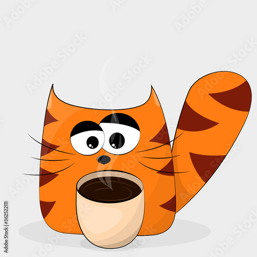 Funny striped ginger cat with cup of coffee. Sleepy cat. Cartoon character. Isolated