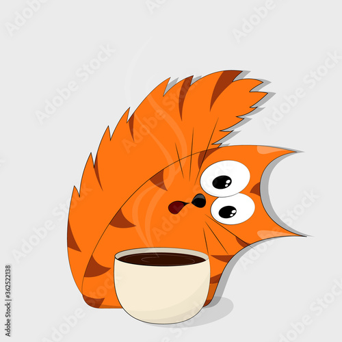 Funny crazy cat with cup of coffee. Cartoon character. Isolated