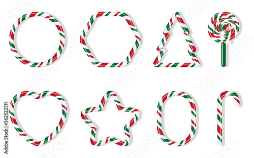 Christmas candies with different shape spiral pattern set. Red and green treat holiday winter. Sweet sugar cartoon noel candy cane, round, fir tree, star, heart, lollipops Isolated vector illustration