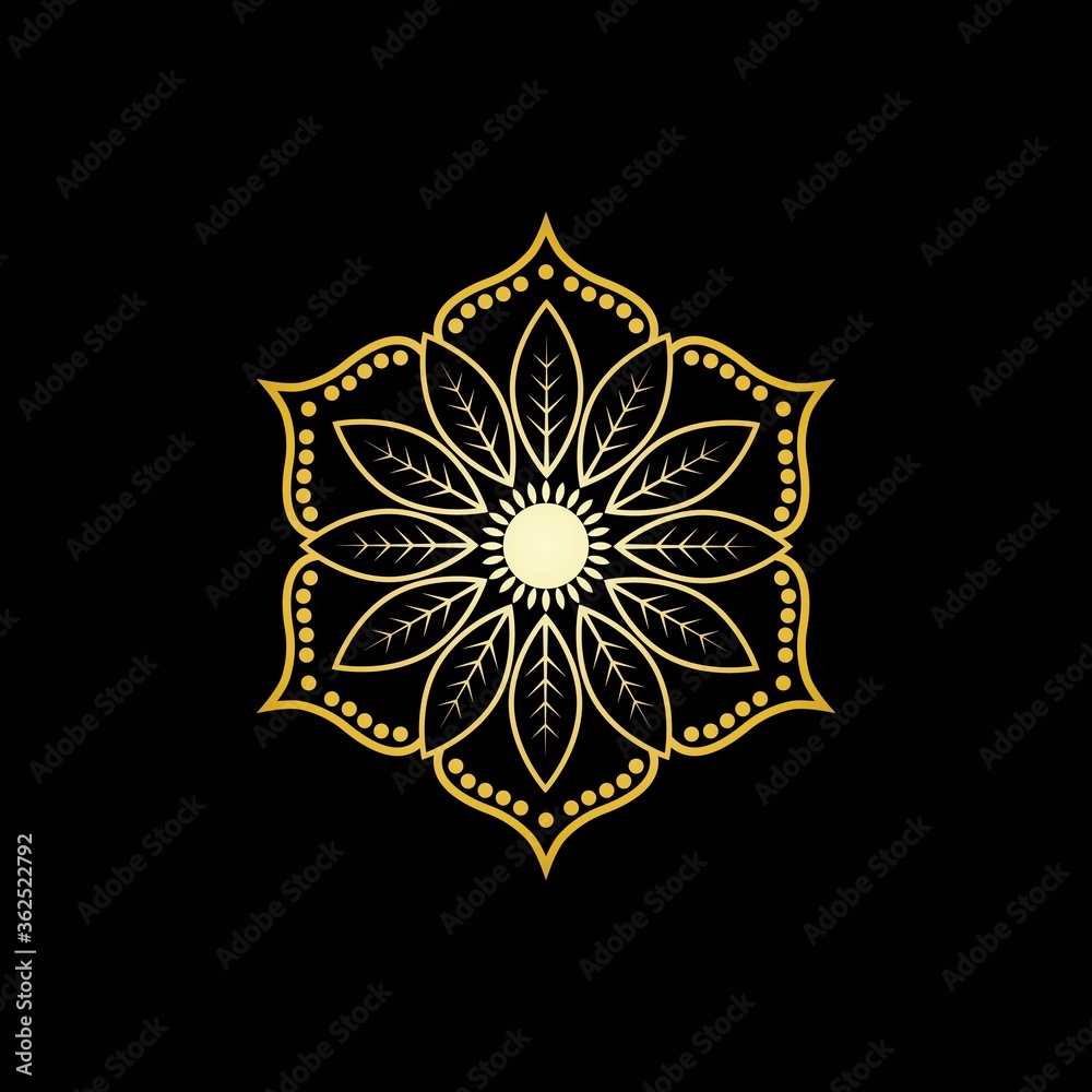 Gold Flower Mandala Logo Vector in Elegant Style with Black Background Gold Flower Mandala Logo Vector in Elegant Style with Black Background