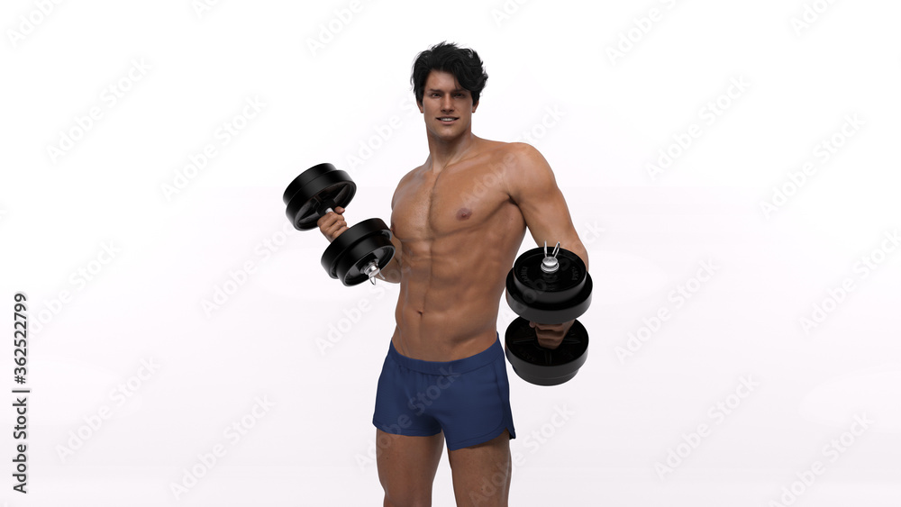 3D Render : the portrait of a shirtless bearded young man is working out with the dumbbell in his hands for better health and strong body 3D Render : the portrait of a shirtless bearded young man is working out with the dumbbell in his hands for better health and strong body