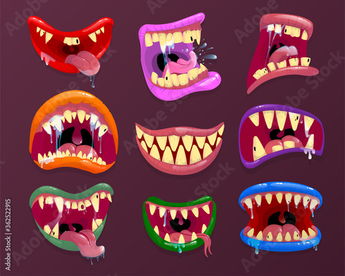 Scary mouth with sharp teeth and long tongue.