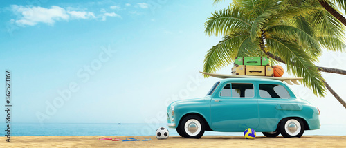 car with surfboard and luggage on top on the beach in front of the palms and ocean, summer 3D background illustration concept © Isidora BanovicBelic