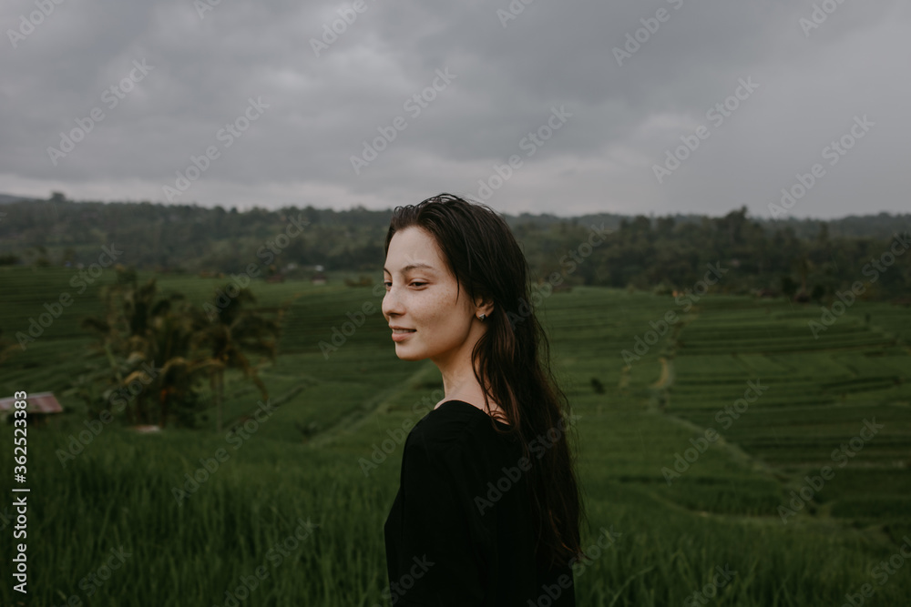 woman in black dress in rice terraces Bali